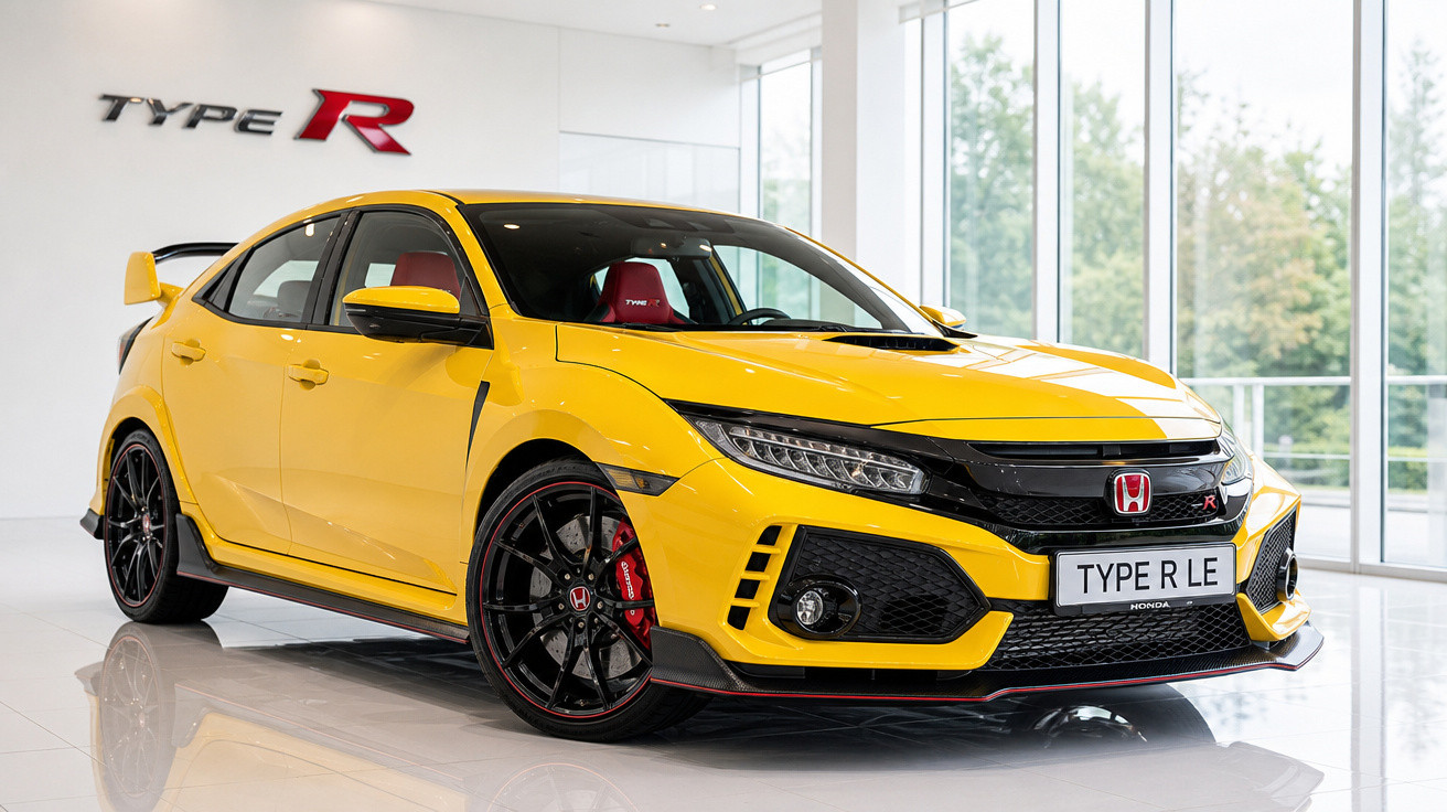 Carro esportivo Honda Civic Type R amarelo em ambiente interno moderno e iluminado.