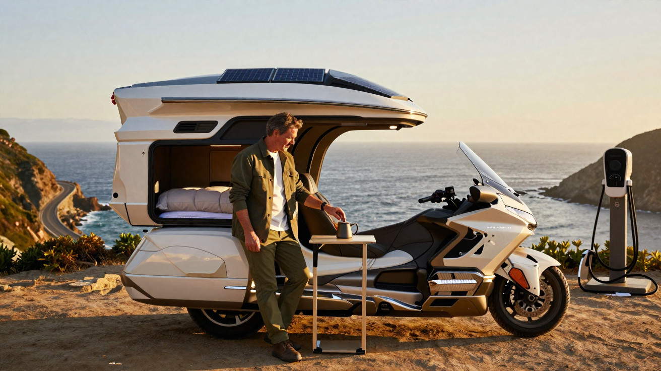 Homem preparando café ao lado de motocicleta com estrutura de camping na beira do mar ao pôr do sol.
