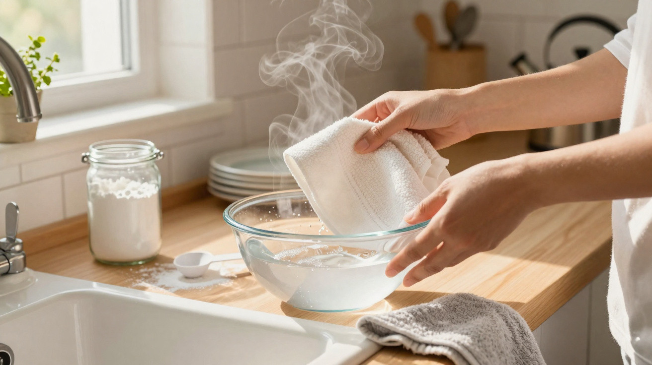 Mãos segurando pano úmido com vapor sobre tigela de vidro em bancada de cozinha iluminada.