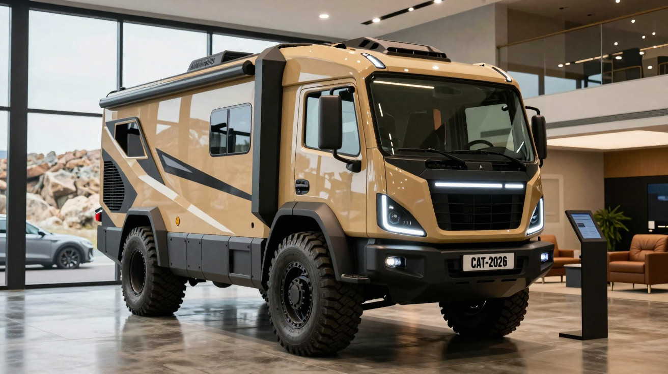 Veículo off-road estilo motorhome exibido em ambiente interno com piso de concreto e grandes janelas de vidro.