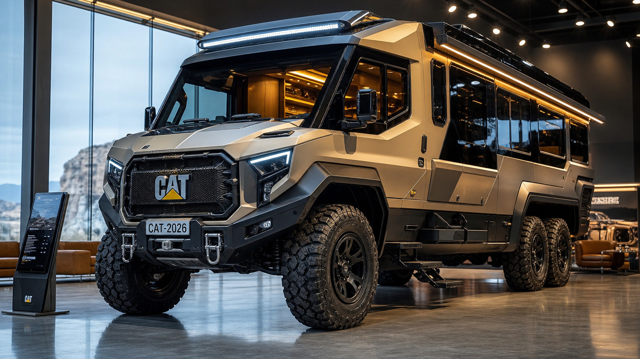 Veículo off-road CAT 6x6 robusto e moderno exibido em ambiente interno iluminado.