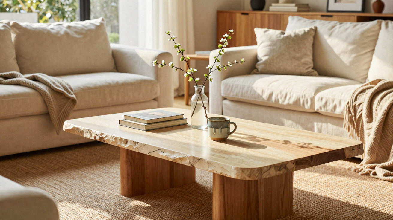 Sala de estar aconchegante com sofás bege, mesa de madeira, livros, vaso com flores e xícara.