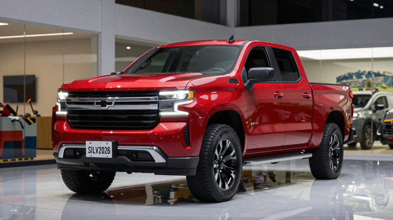 Picape Chevrolet vermelha 2026 exibida em showroom com pneus pretos robustos e placa SILV2026.