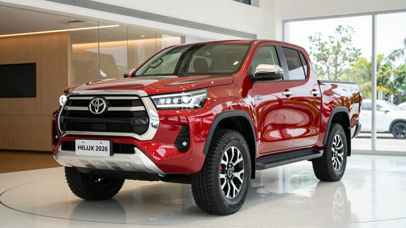 Picape Toyota Hilux 2026 vermelha exibida em showroom com iluminação natural e piso branco.
