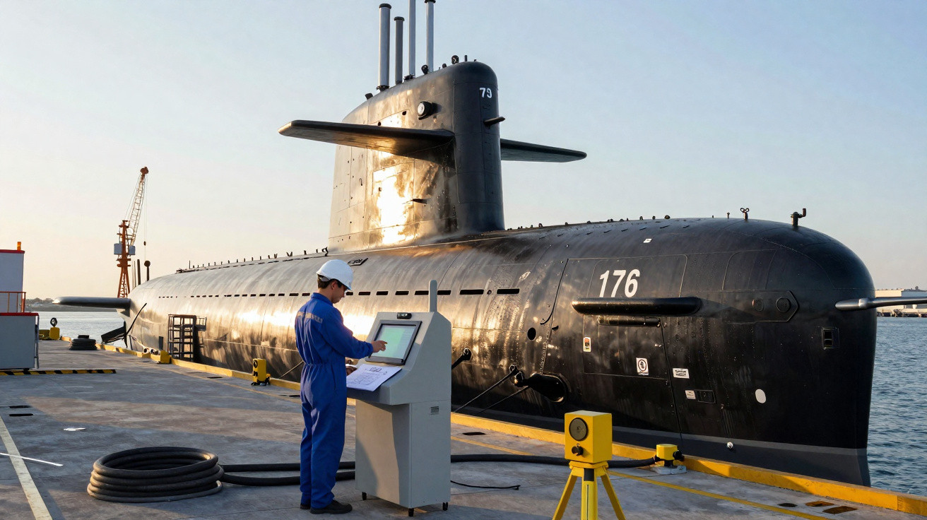 Homem em macacão azul opera painel perto de submarino preto ancorado em porto durante o dia.