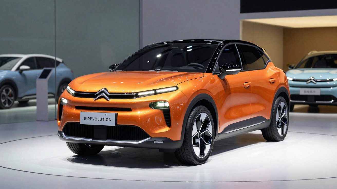 SUV elétrico Citroën E-Revolution laranja em exposição com design moderno e teto preto.