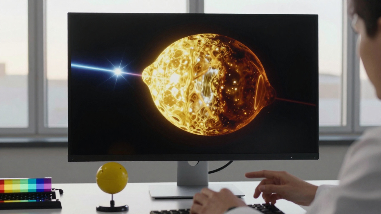 Pessoa observando simulação digital brilhante de objeto esférico amarelo em monitor de computador.
