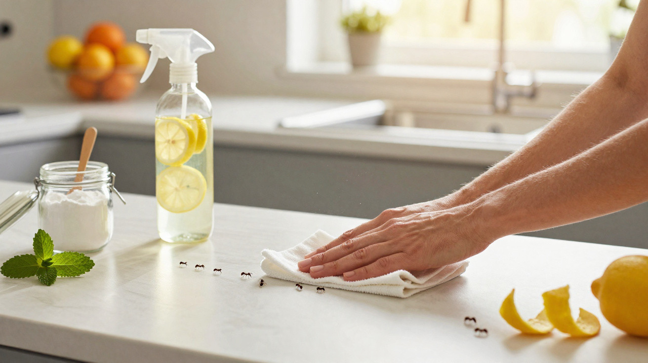 Mãos limpando bancada da cozinha com pano branco perto de formigas, spray de limão e bicarbonato.