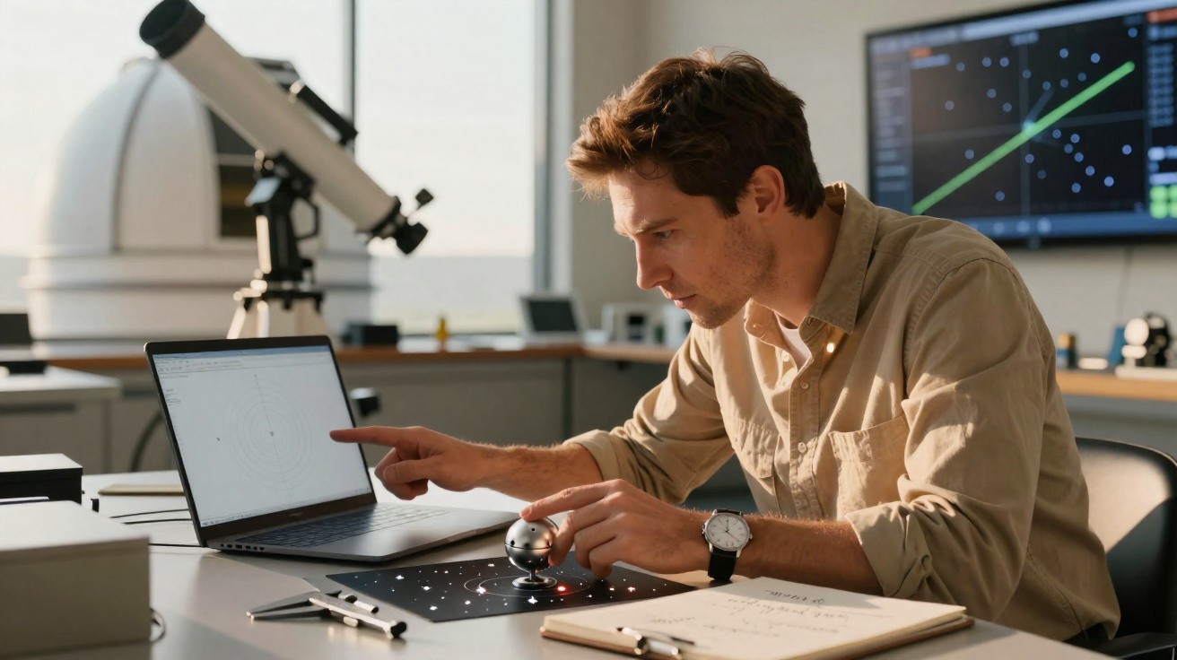 Homem estudando sistema solar em laptop e modelo em miniatura em mesa de escritório científico.