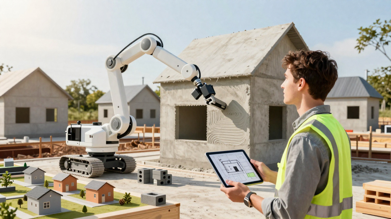 Engenheiro observa construção de casa 3D feita por braço robótico em canteiro de obras com tablet na mão.