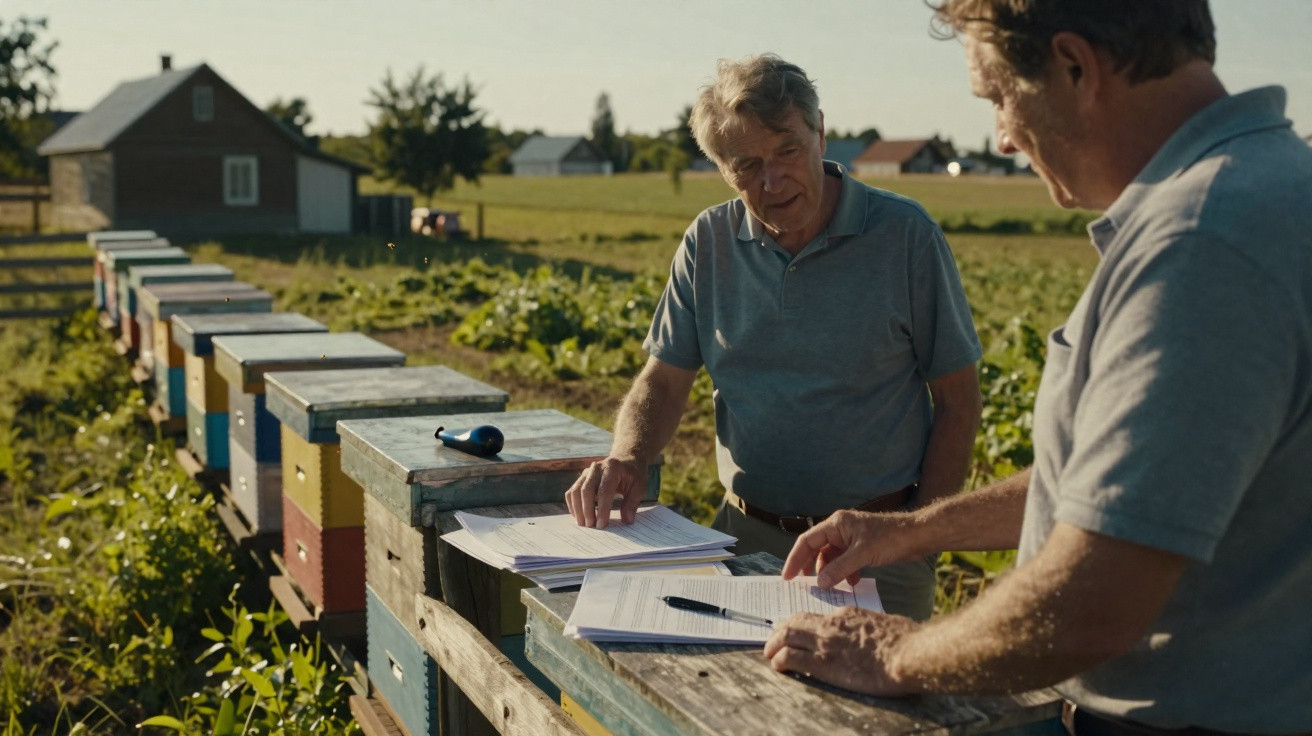 Dois homens analisam documentos sobre colmeias coloridas em área rural ensolarada.