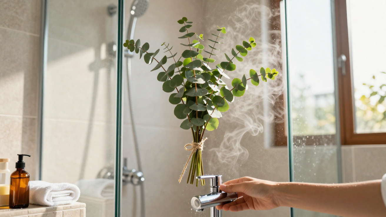Mão abrindo registro de ducha quente em banheiro com vapor e ramo de eucalipto amarrado no vidro.