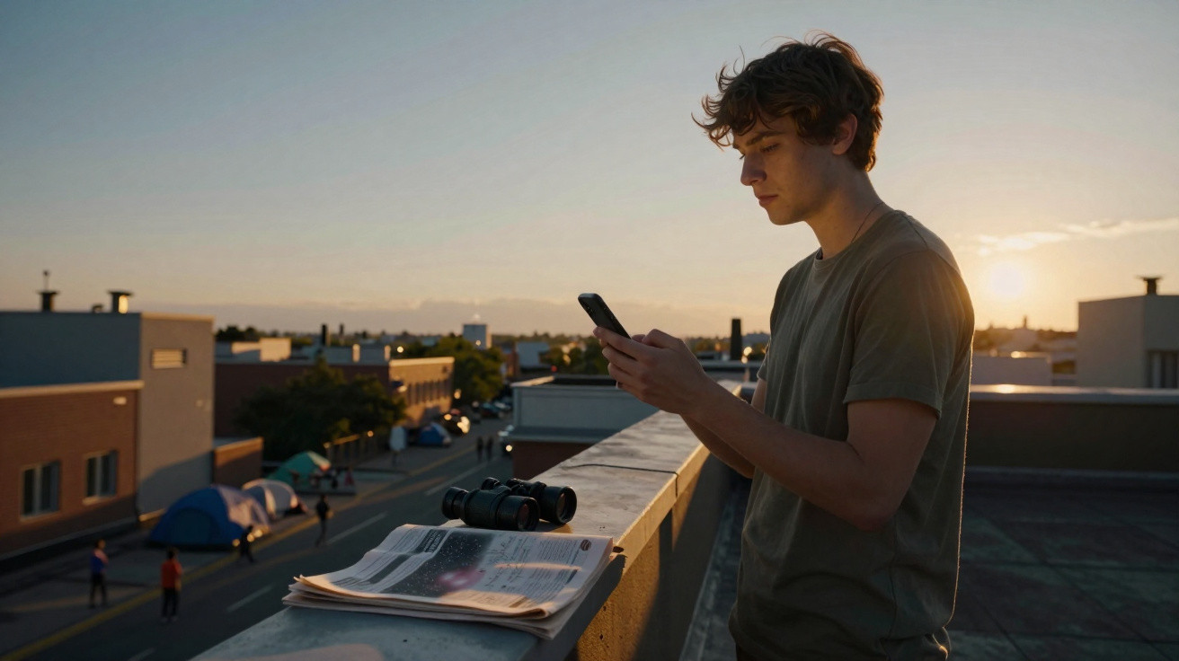 Jovem usando celular em varanda ao pôr do sol, com jornal e binóculos sobre o parapeito.