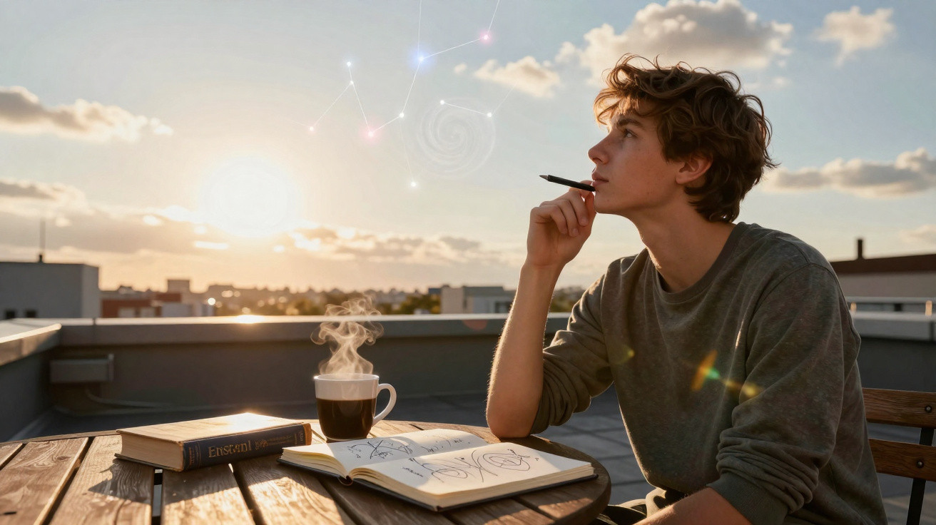 Jovem pensativo sentado ao pôr do sol, com caderno, caneca de café e livro sobre mesa de madeira.
