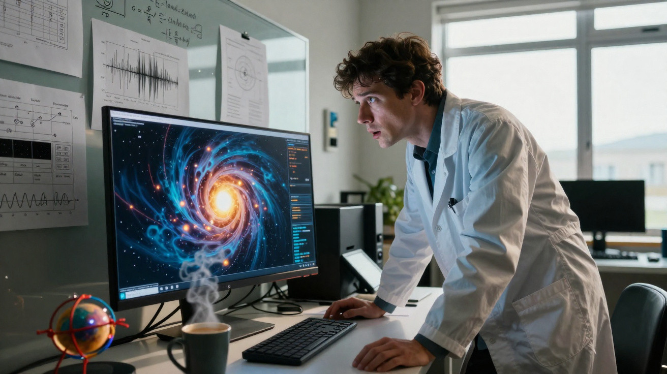Cientista observa imagem de galáxia espiral brilhante em monitor de computador em laboratório.