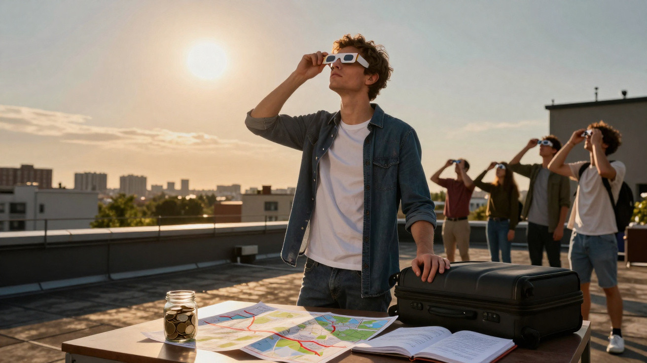 Jovem usando óculos especiais observa o sol no terraço com mapa e mala sobre a mesa, outras pessoas ao fundo.