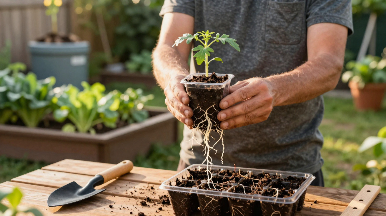 Pessoa transplantando muda de planta com raízes expostas em vaso de plástico em jardim.