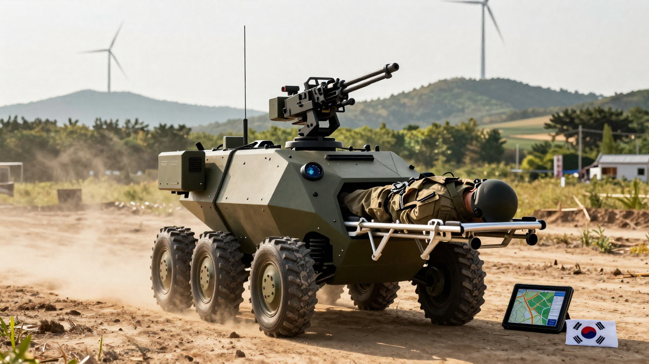 Veículo militar autônomo de seis rodas transportando soldado simulado em terreno rural com tablet e bandeira da Coreia do Sul