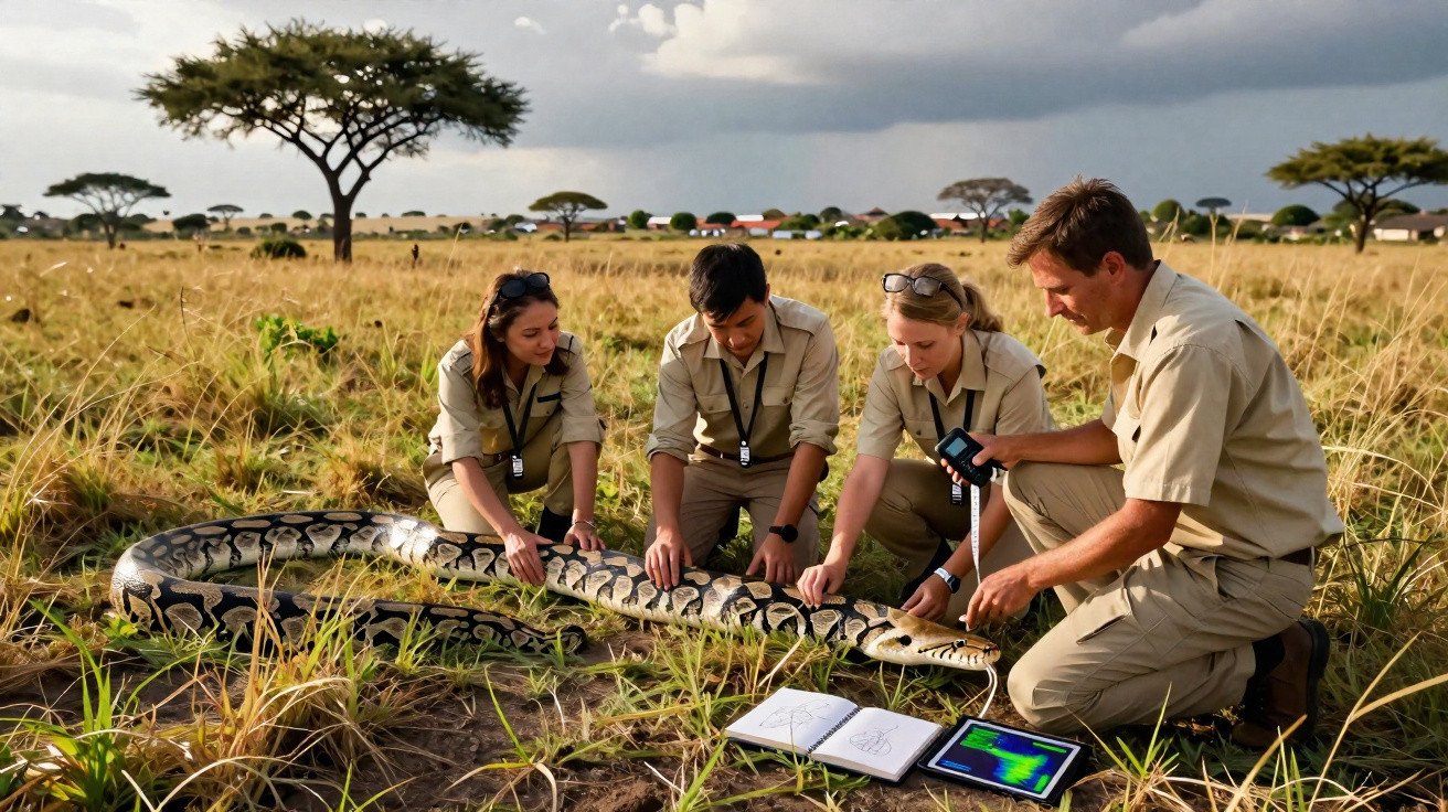 Quatro pesquisadores medindo e analisando uma grande píton na savana durante o dia.