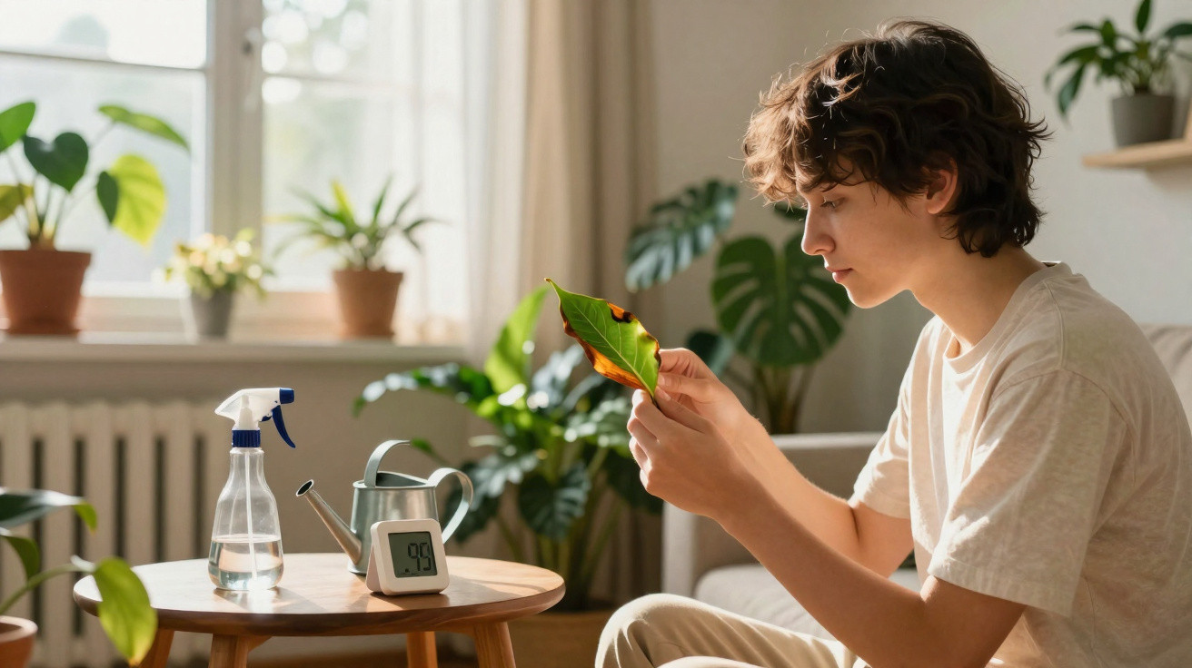 Jovem observando uma folha de planta com sinais de doenças, ao lado de regador e pulverizador em sala iluminada.