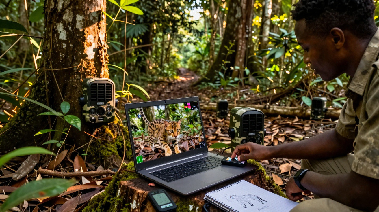 Pesquisador observa laptop com imagem de gato selvagem capturada em floresta tropical.