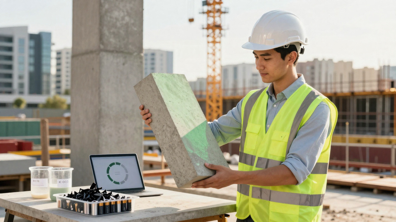 Engenheiro em colete refletivo e capacete analisa bloco de concreto em obra com laptop e materiais na mesa.