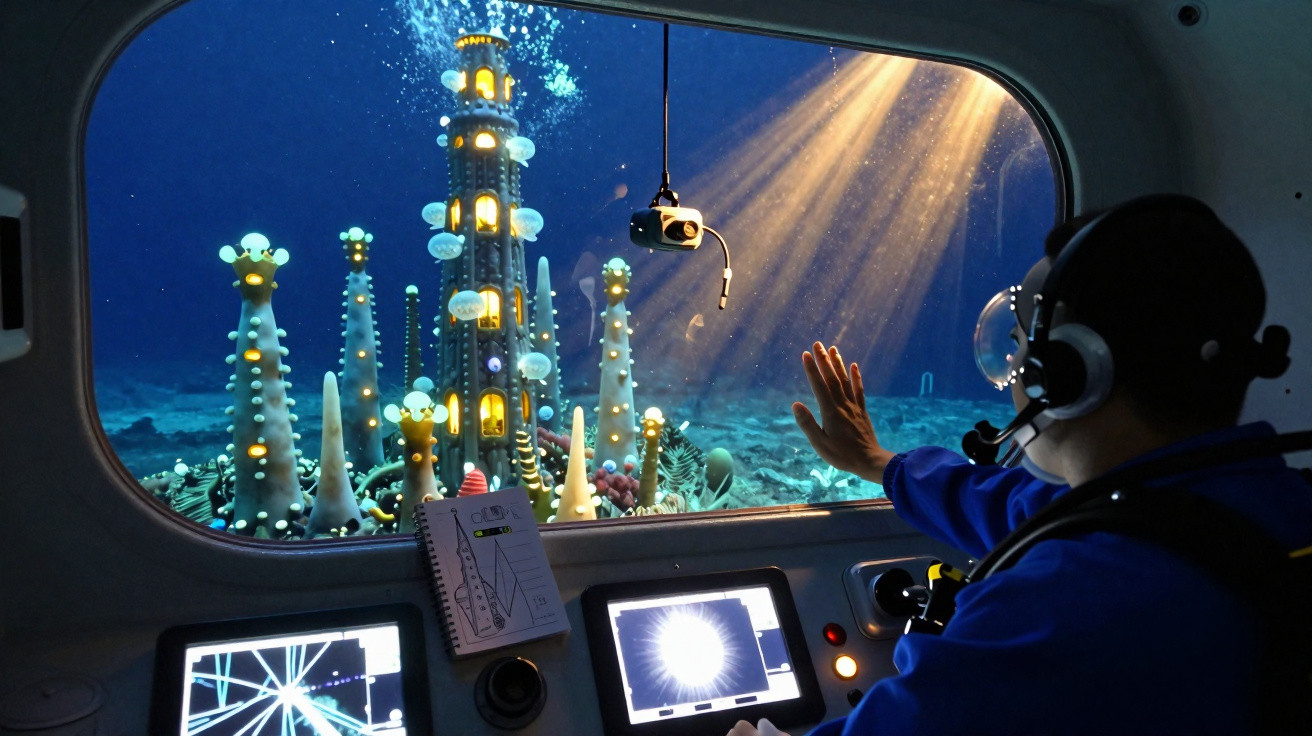 Pessoa dentro de submarino observando estruturas iluminadas no fundo do mar pela janela.