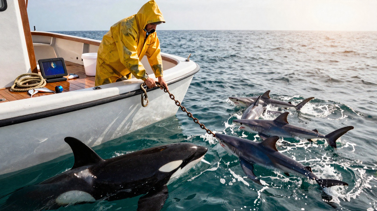 Pesquisador em capa amarela no barco segurando corrente perto de orca e golfinhos no mar aberto.