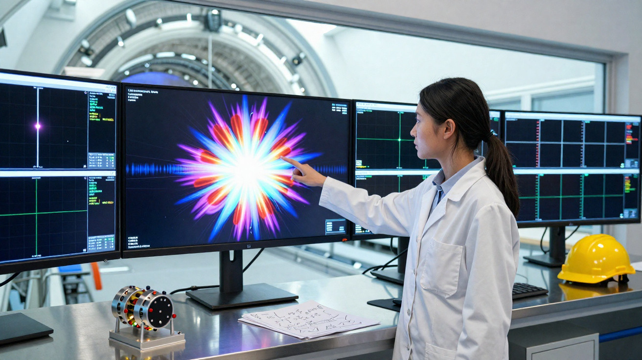 Mulher cientista em jaleco branco aponta para tela com gráfico colorido em laboratório tecnológico moderno.