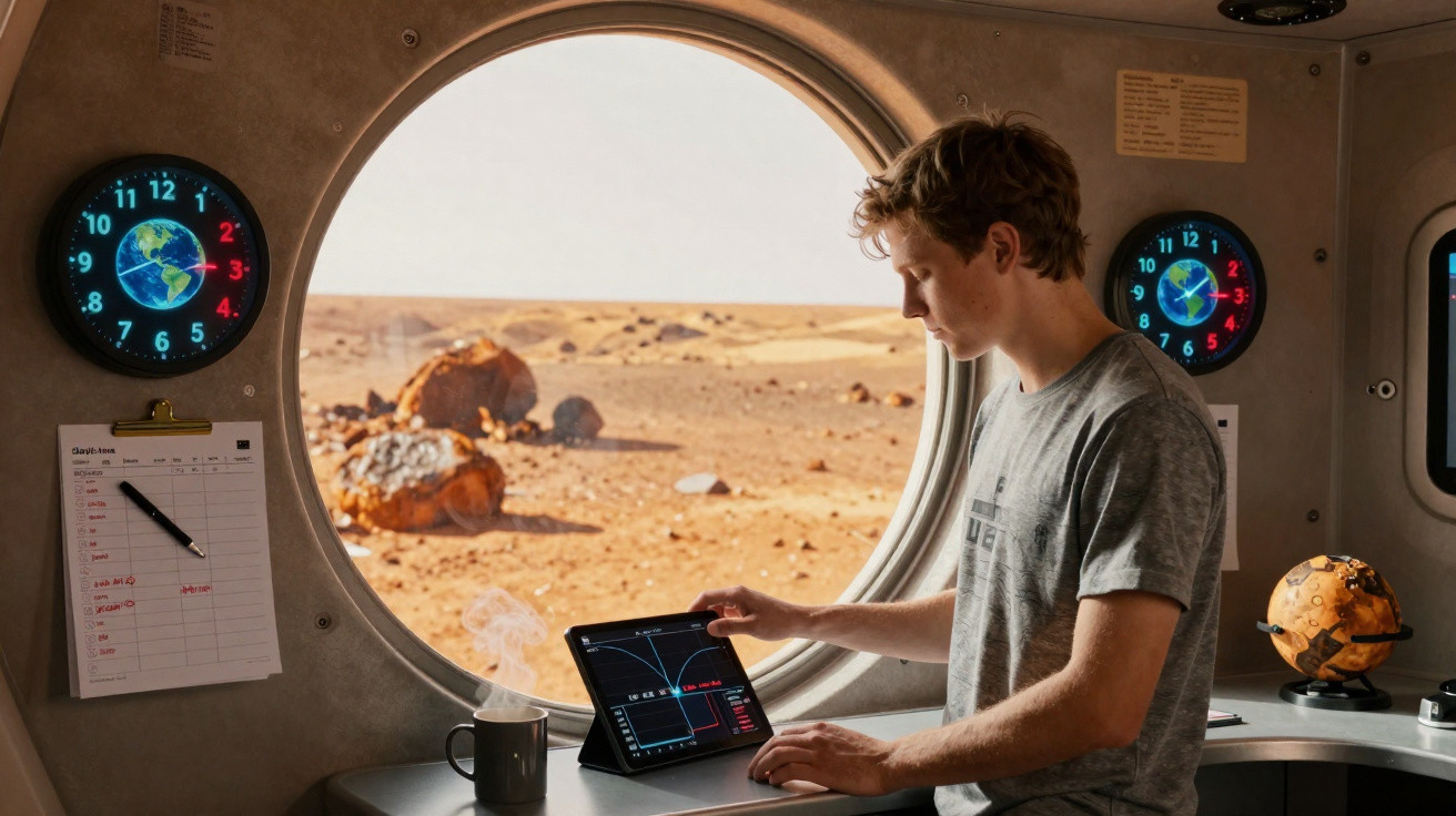 Jovem em estação espacial observa tablets e janela com vista para paisagem rochosa ao sol.
