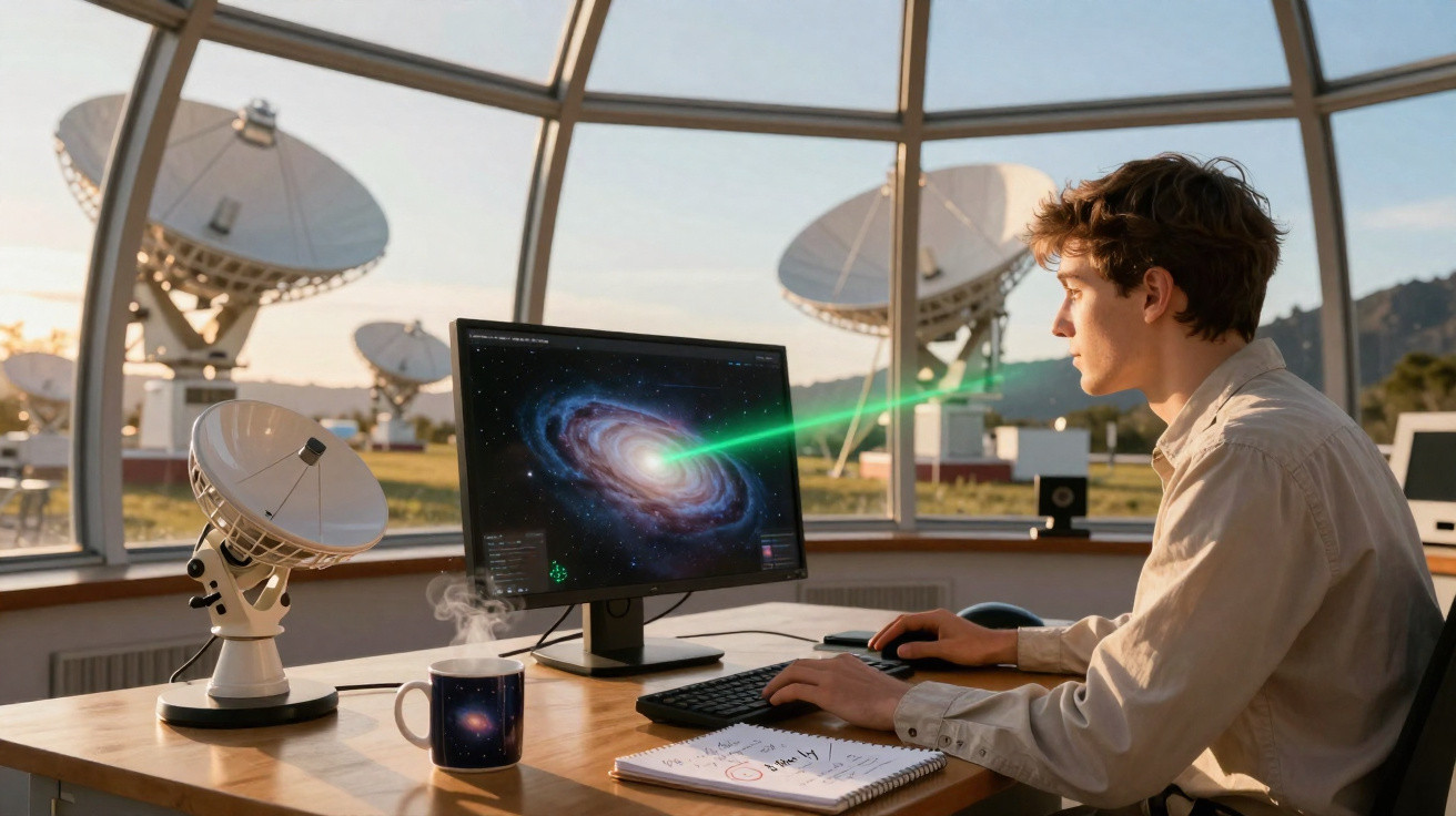 Jovem estudando uma galáxia na tela do computador com antenas parabólicas ao fundo.