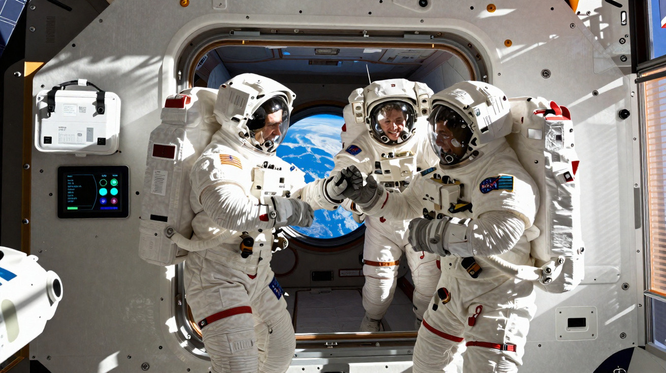 Três astronautas em trajes espaciais comemorando com a Terra visível pela janela atrás deles.