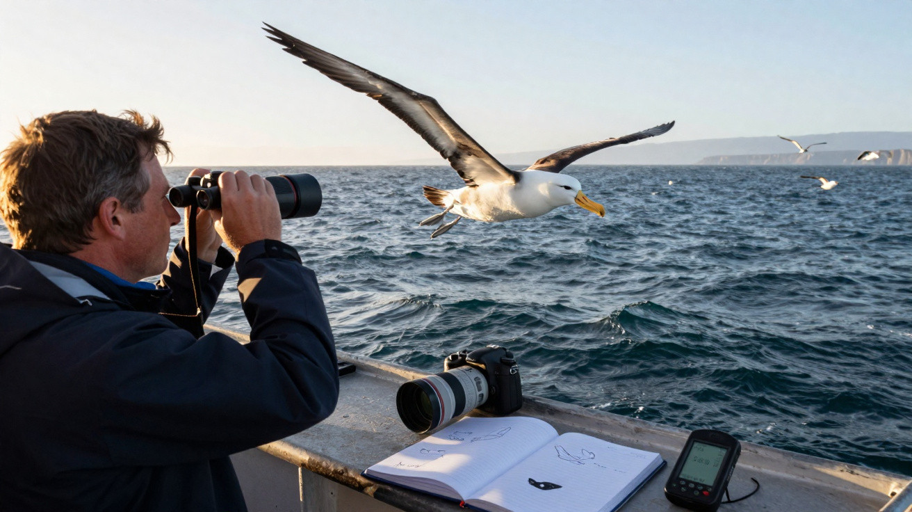 Homem observa ave marinha voando sobre o mar usando binóculos em barco com caderno de anotações aberto.