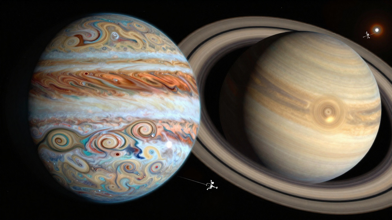 Planetas Júpiter e Saturno com detalhes coloridos e naves espaciais ao redor em fundo escuro do espaço.