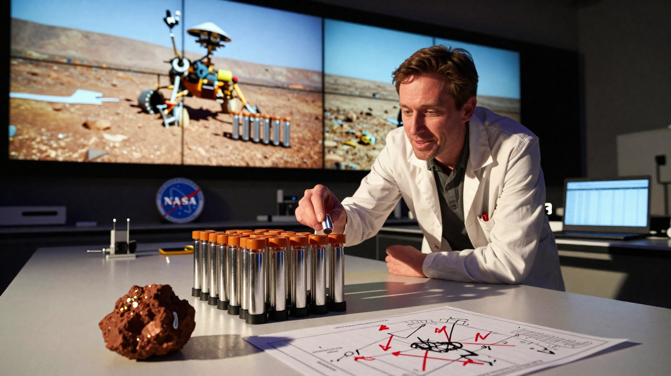 Cientista em laboratório organiza tubos de ensaio com amostra de solo em simulação de missão Mars NASA.