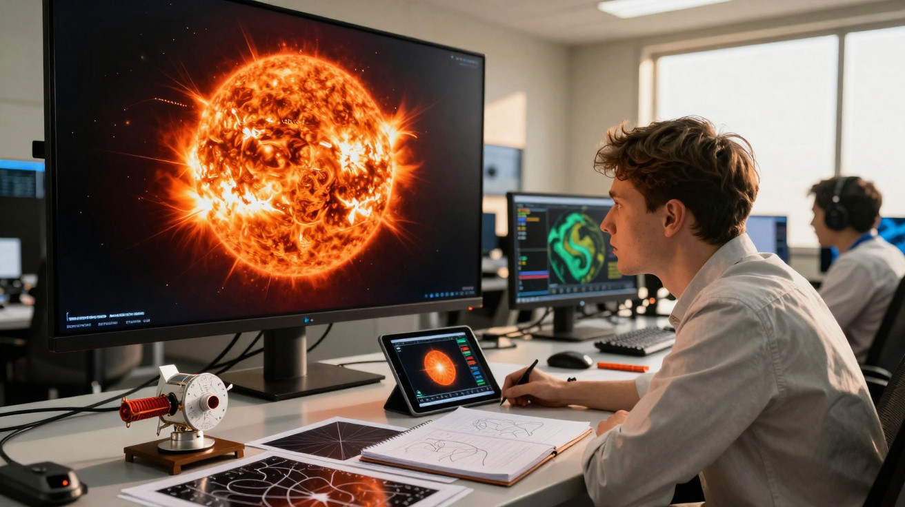Jovem analisa imagens do sol em vários dispositivos em ambiente moderno de escritório ou laboratório.