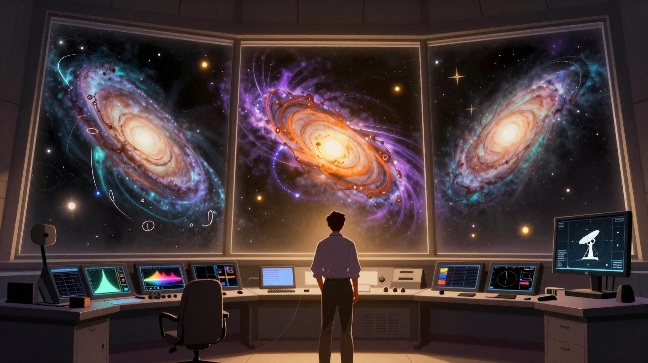 Pessoa observando galáxias coloridas em três grandes telas em uma sala de controle tecnológica.