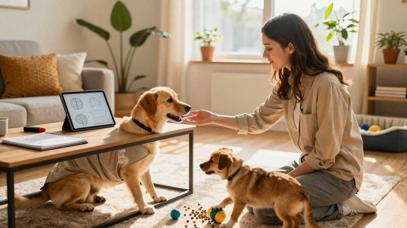 Mulher interagindo com dois cães em sala iluminada, com tablet e anotações sobre mesa de madeira.