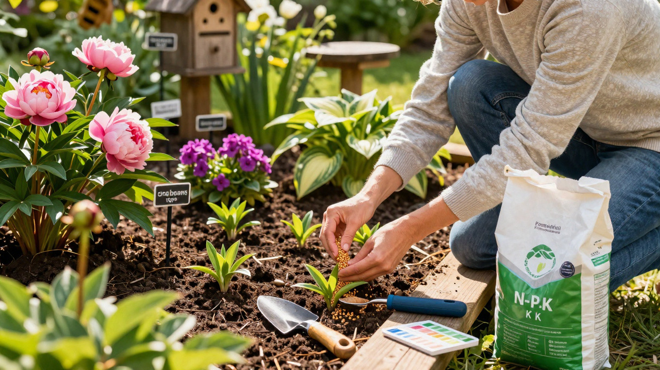 Pessoa plantando mudas em jardim florido com ferramentas de jardinagem e fertilizante ao lado.
