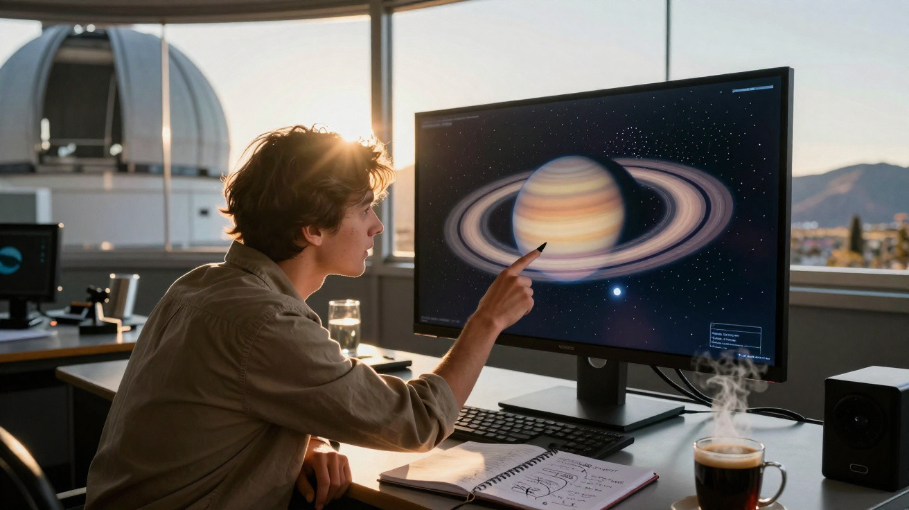 Jovem observa e aponta para imagem de planeta anelado em monitor, com caderno aberto e xícara de café na mesa.