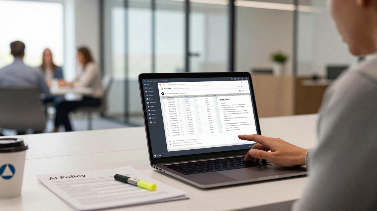 Pessoa usando laptop com planilha aberta e documento com título "AI Policy" sobre a mesa em escritório moderno.