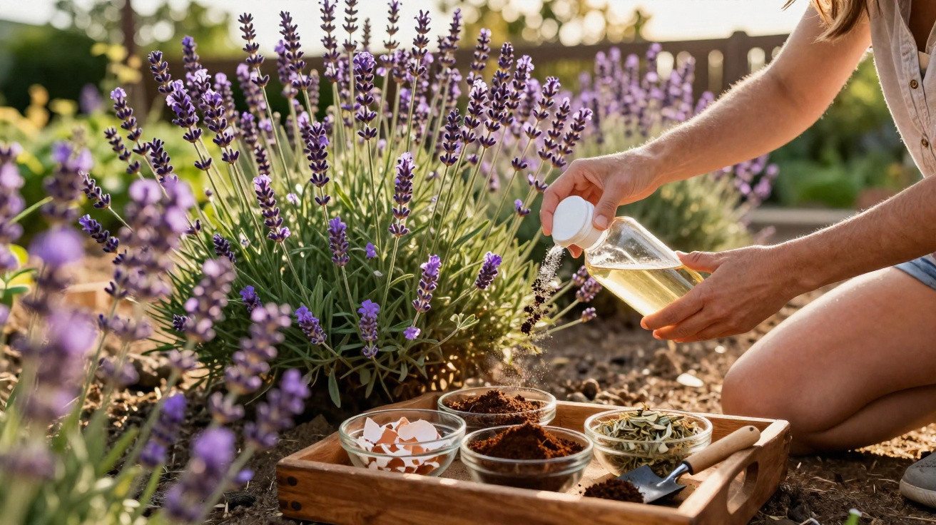 Pessoa aplicando spray em plantas de lavanda com recipientes de terra e cascas de ovo ao lado.