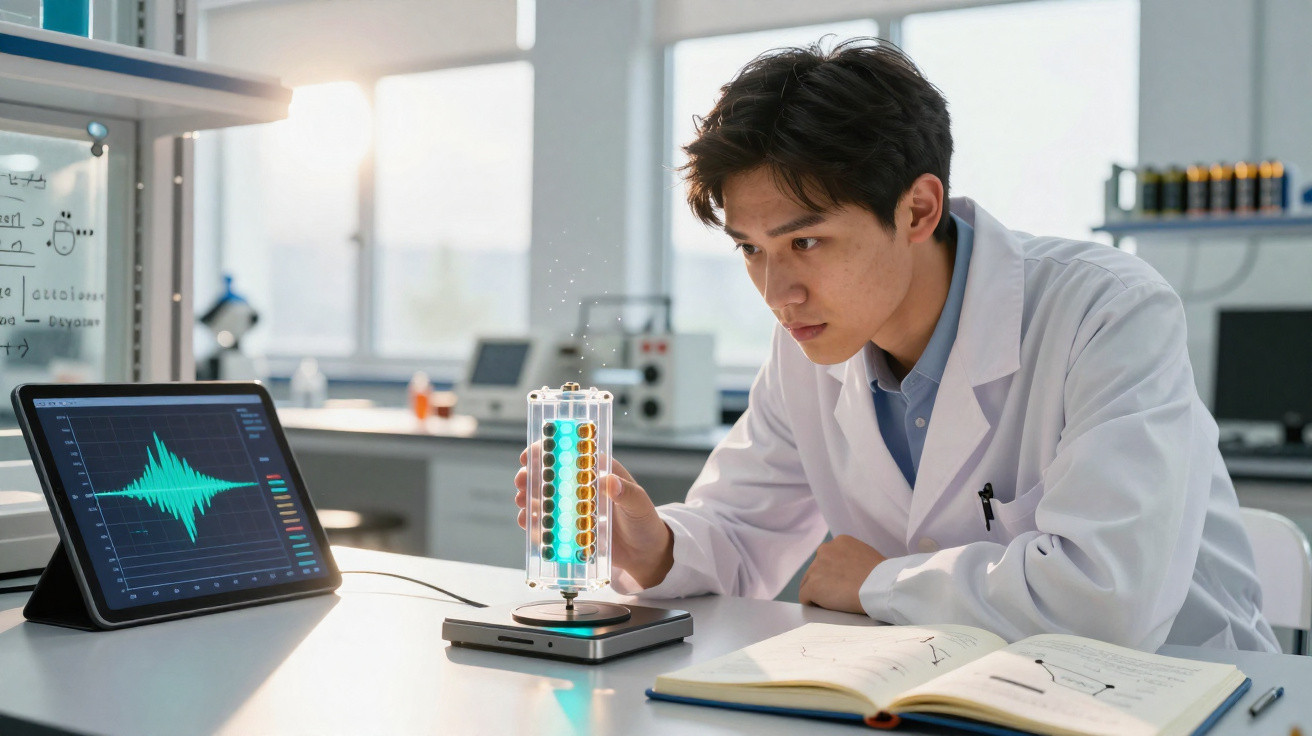 Cientista em laboratório analisando tubo com solução colorida e tela mostrando gráfico de ondas.