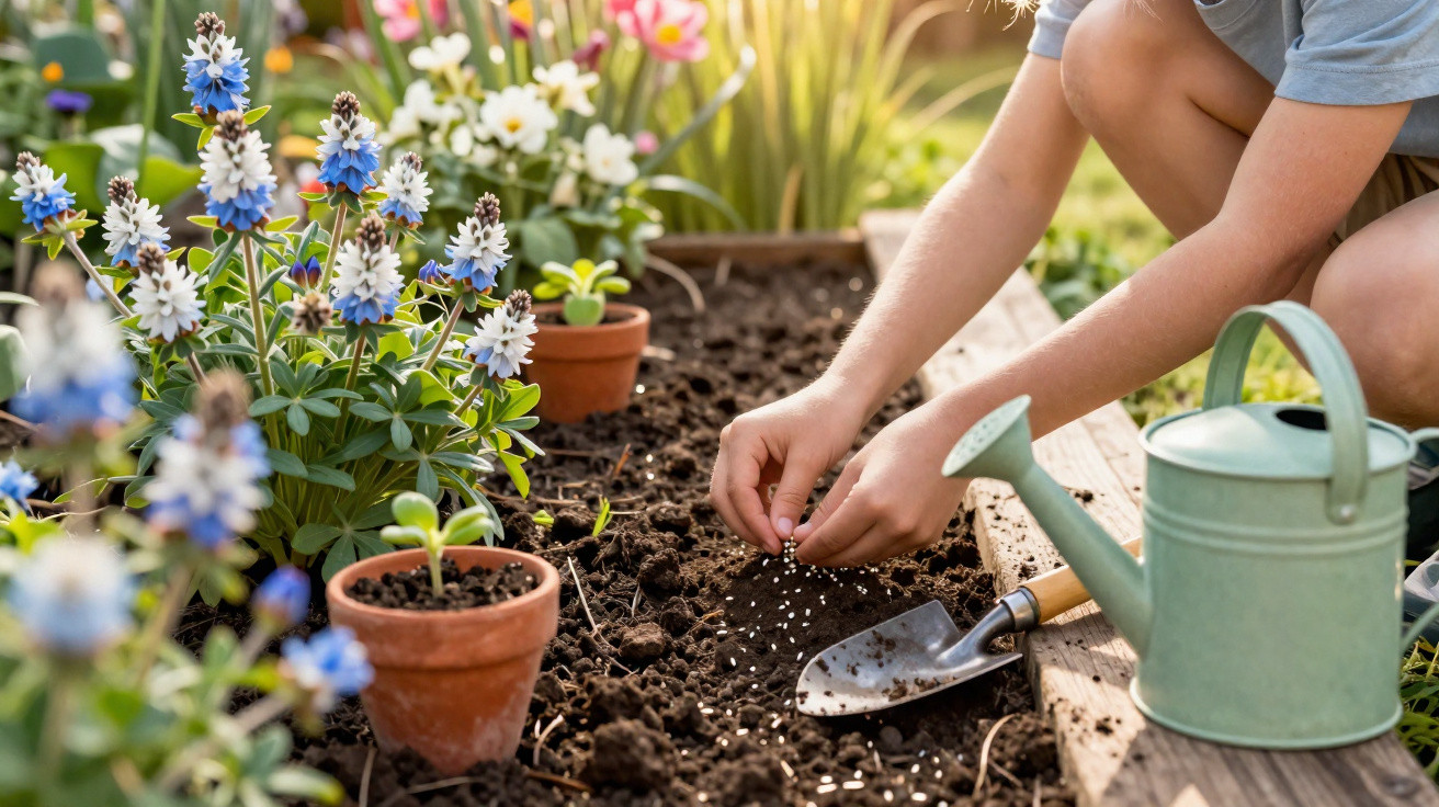 Pessoa sem rosto plantando sementes em canteiro com flores e ferramentas de jardinagem.