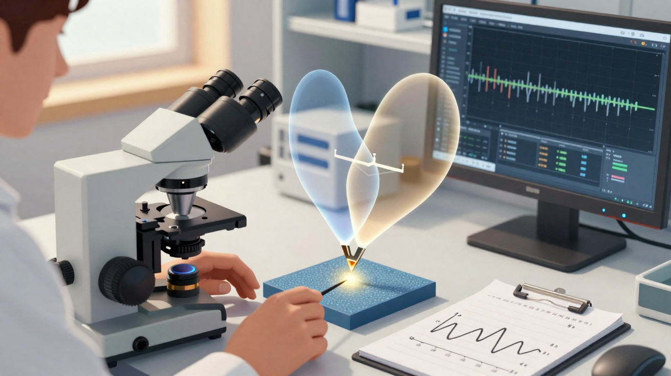 Cientista usando microscópio e analisando dados em computador com gráficos de ondas em laboratório.