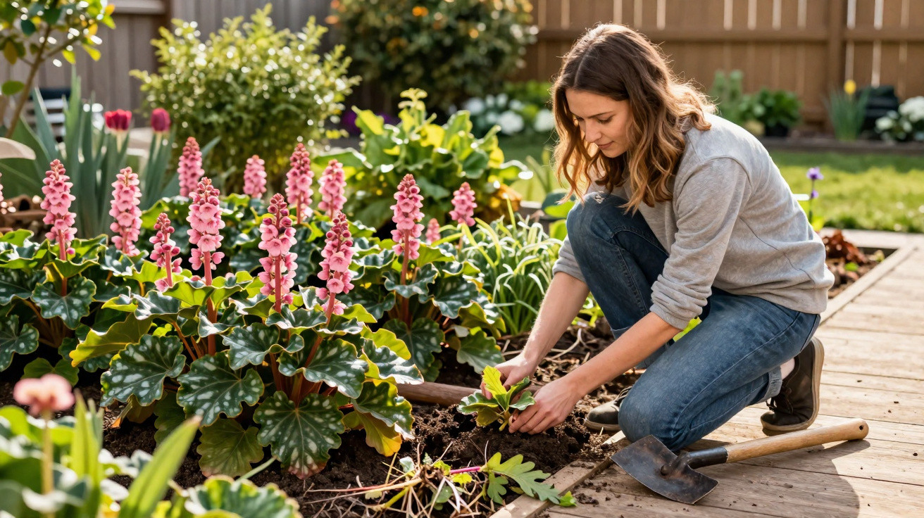 Mulher plantando flores rosa em canteiro de jardim ensolarado, com enxada ao lado.