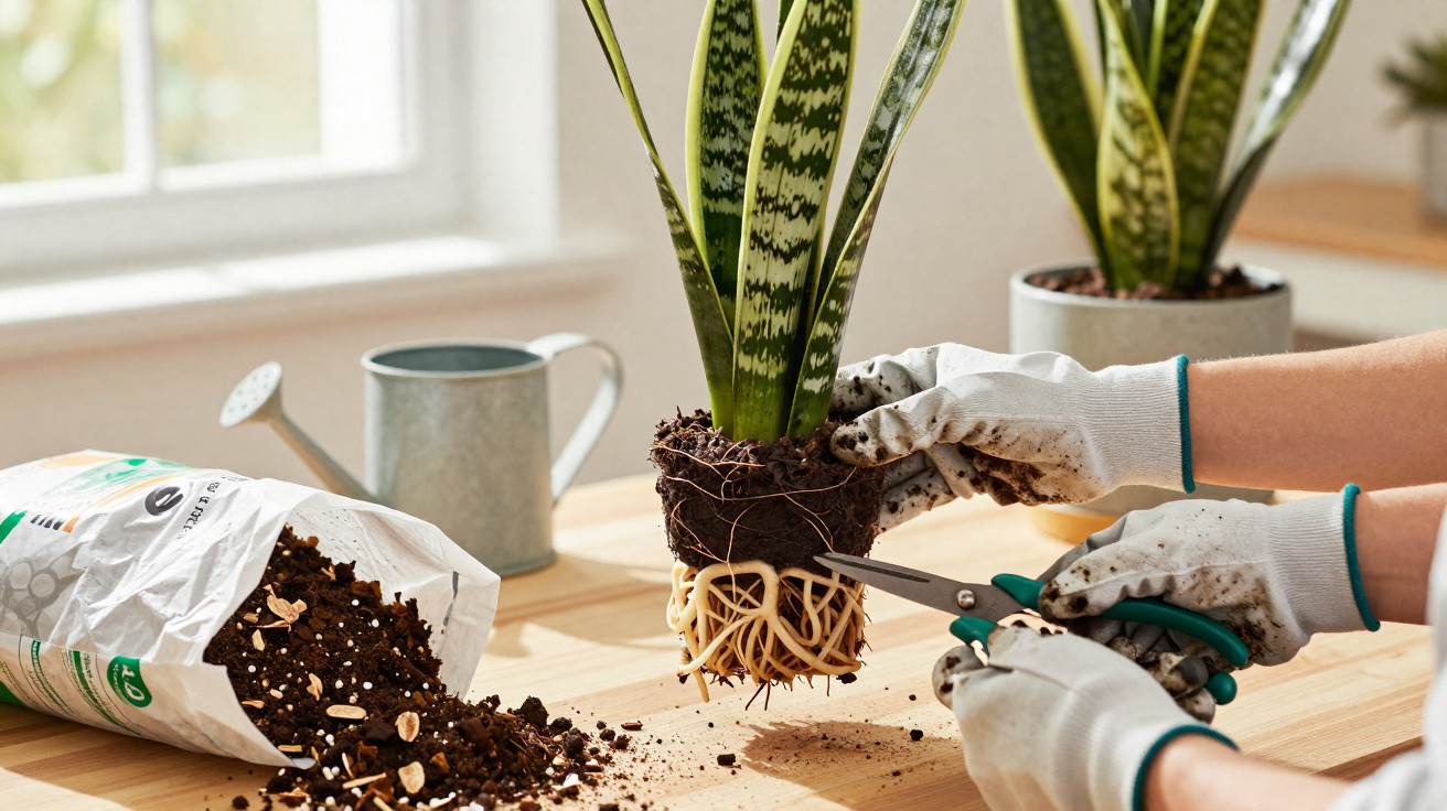 Pessoa com luvas de jardinagem cortando raízes de planta suculenta para replantio em ambiente interno.