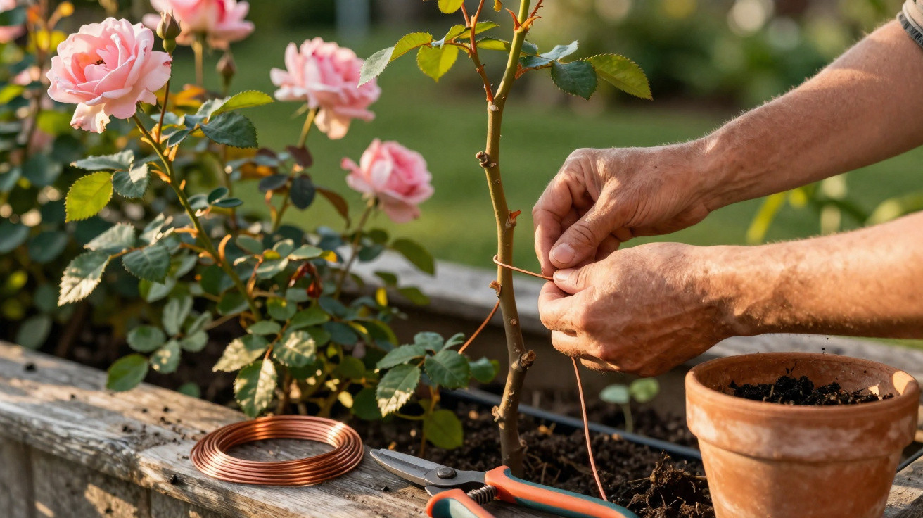 Mãos amarrando galho de rosa com arame em jardim, próximo a flores cor-de-rosa e ferramentas de jardinagem.