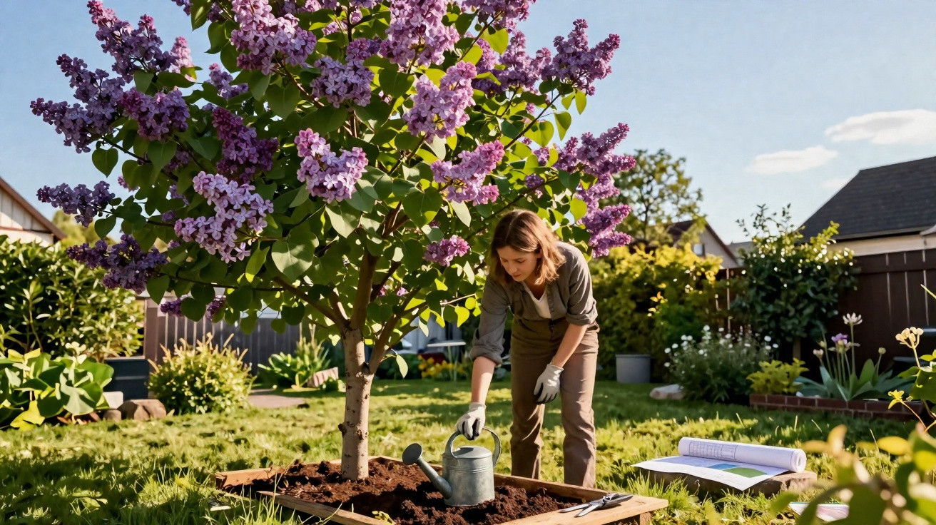 Mulher cuidando de jardim ao lado de árvore com flores roxas em área gramada residencial ensolarada.