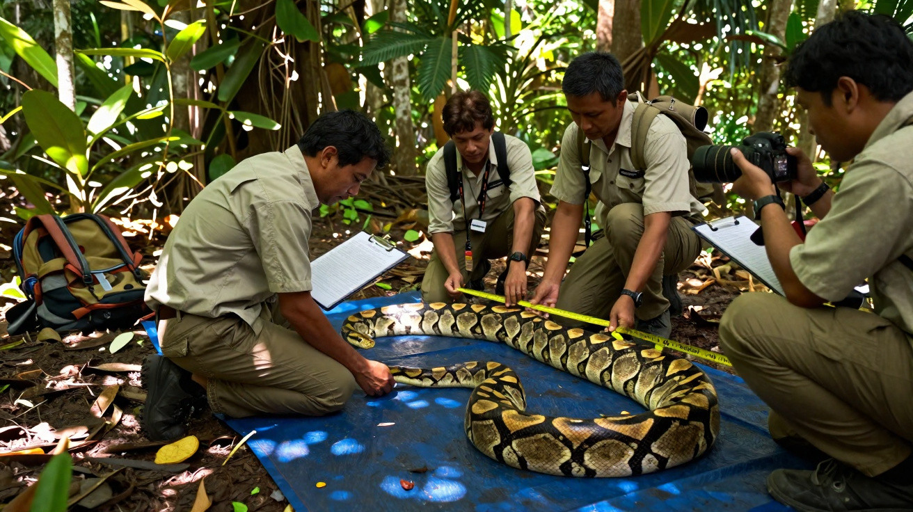 Equipe de pesquisadores mede a comprimento de uma grande cobra píton em área de floresta.